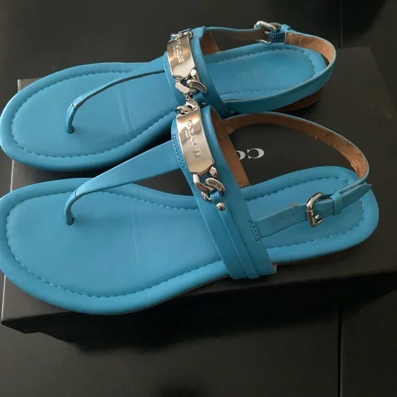 Coach Turquoise Leather T-Strap Sandals with Silver Plaque Accent - Picture 3 of 3